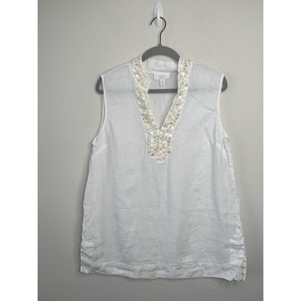 Charter Club 100%‎ Linen Sleeveless Blouse Womens L White Beaded V-Neck Coastal